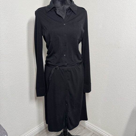Kenneth Cole Black Button-Down Dress With Belt Long Sleeve Size Medium 100% Poly - Picture 1 of 6